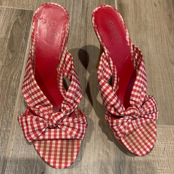 Guess Red Gingham Check Cork Heels 7.5 - Picture 1 of 16